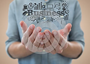 Man mid section with hands out and black business doodles against cream background