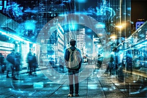 A man in the midst of a technologically advanced metropolis enriched with the power of 5G connectivity and advanced digital photo