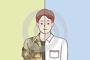 Man in military and office clothes symbolizes dismissal from army and beginning of civilian career.