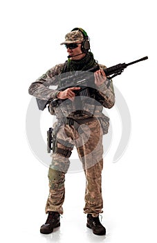 Man military outfit a soldier in modern times on a white background