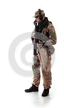 Man military outfit a soldier in modern times on a white background