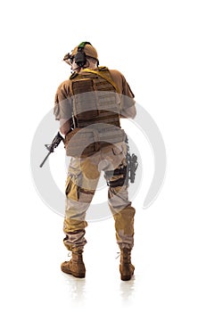 Man military outfit a soldier in modern times on a white background