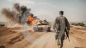 A man in a military uniform goes to meet a knocked-out tank in the desert.