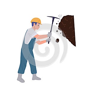 Man miner cartoon character digging coal from rock using pickaxe isolated on white background