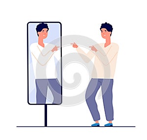 Man at mirror. guy self looking reflection, love of self. narcissism and vanity. egotism mirrored vector concept
