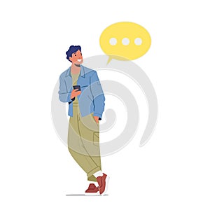 Man with Mobile Phone and Speech Bubble. Cellphone Communication Concept. Smiling Male Character Speak by Cellphone