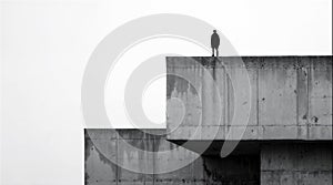 Man on modern building edge in monochrome, space for text. photo