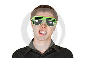 Man in modern club sunglasses grin isolated