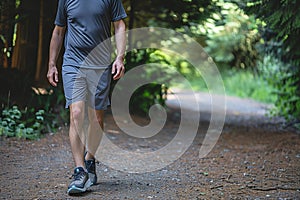 man in moisturewicking shirt, athletic shorts, trail running shoes