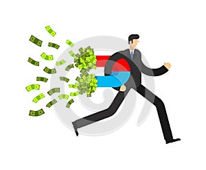 Man and Money magnet isolated. Attracting dollars. Concept Get rich magnet. vector illustration