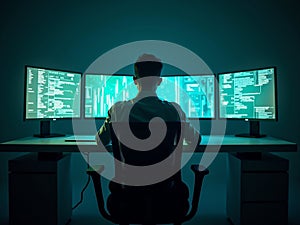 Man Monitoring Global Data on Multiple Computer Screens