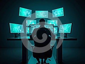 Man Monitoring Global Data on Multiple Computer Screens