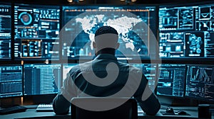 Man monitoring global data on multiple computer screens cybersecurity data analysis network operation center