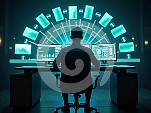 Man Monitoring Global Data on Multiple Computer Screens
