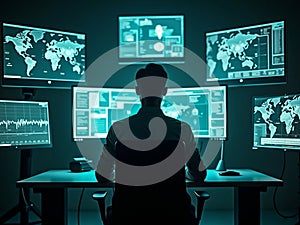 Man Monitoring Global Data on Multiple Computer Screens