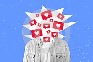 man in monochrome with explosion of likes notifications, conceptual collage