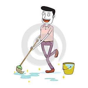 Man mopping the floor happily