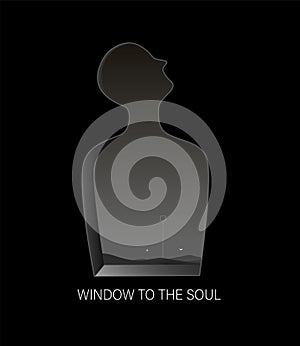 Man mortality and end of life, man silhouette on the black background looks like window, window to the man soul, photo