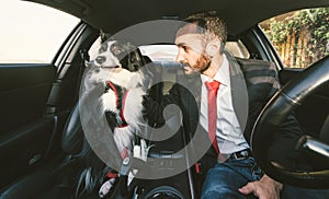 Man motivate his dog before canine competition