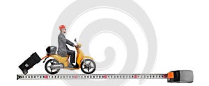 Man on motor scooter bring construction tool - tape measure