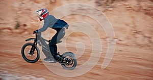 Man, motorbike and competition and extreme sports for driving race or outdoor adventure for training, challenge or