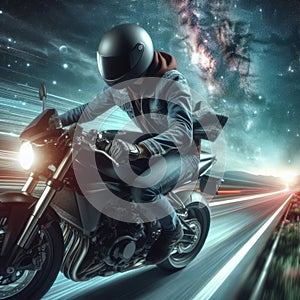 Man on a motorcycle whizzing by on a space background