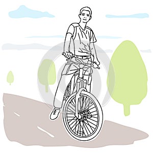 Man with mountain bike. Sport sketch in line style. Editable contour. Vector