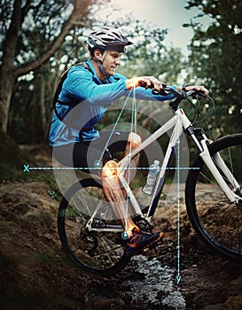 Man, mountain bike and woods for fitness, training and workout with overlay, red glow or injury with math analysis