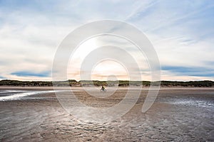 man mountain biking in autumn on the beaches of northern France