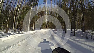 A man mountain biking in the snow forest, view from side of wheel