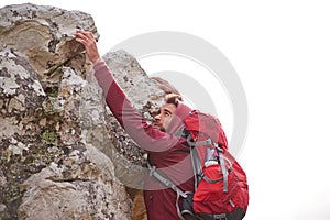 Man, mountain and bouldering in nature for fitness, wellness and exercise for training and adventure in environment