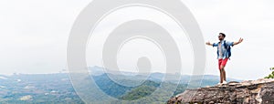 Man On Mountain Peak Raising Hands With Backpacks Enjoy Landscape Freedom Concept, Young Guy Tourist