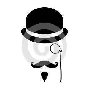 Man with moustaches, beard, monocle and bowler hat photo