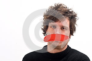 Man with mouth covered on white photo