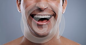 Man, mouth and laughing with face and lips with hygiene, jawline and satisfaction with treatment closeup. Grooming