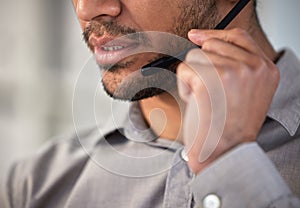 Man, mouth and microphone as employee at call center with customer or client support and service. Office, crm and