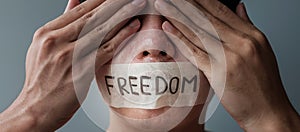 Man with mouth sealed in adhesive tape with Freedom message. Free of speech, freedom of press, Human rights, Protest dictatorship