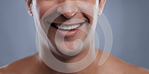 Man, mouth and smile with skincare and lips with hygiene, jawline and satisfaction with treatment closeup. Grooming