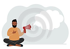 A man with a mouthpiece in his hand sits cross-legged. From loudspeaker bubbles to accommodate text.