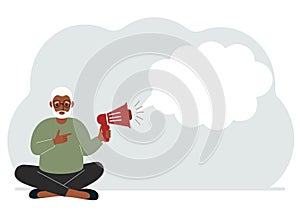 A man with a mouthpiece in his hand sits cross-legged. From loudspeaker bubbles to accommodate text.