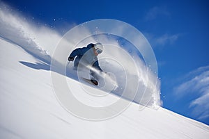 Man in movement carving down a mountain slop on snowboard. Generative AI