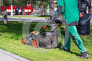 A man moves with an electrician to a lawnmower and mows green grass in the backyard. Garden cleaning services. Garden