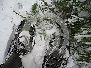 Man moves on snowshoes in the snow