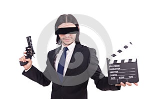 The man with movie board on white