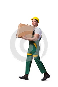 The man moving boxes isolated on the white background