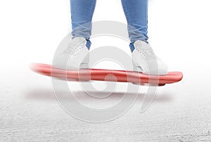 Man moving on red hover board scooter isolated.