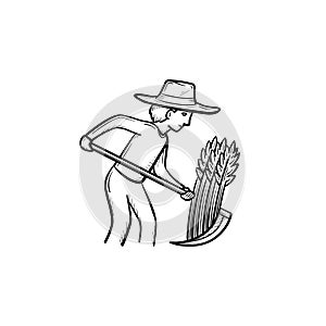 Man mowing grass hand drawn sketch icon.