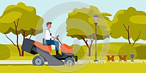 Man mowing grass with lawn mower tractor, worker of landscaping service driving machine