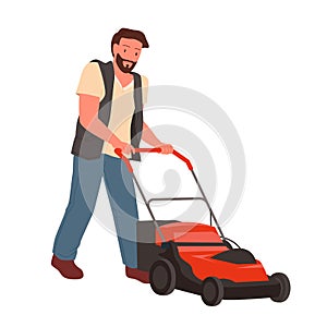 Man mowing grass with lawn mower, worker of maintenance service holding push machine