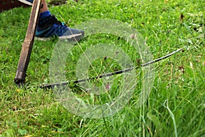 A man mowing a grass with old useful tool known as scythe.